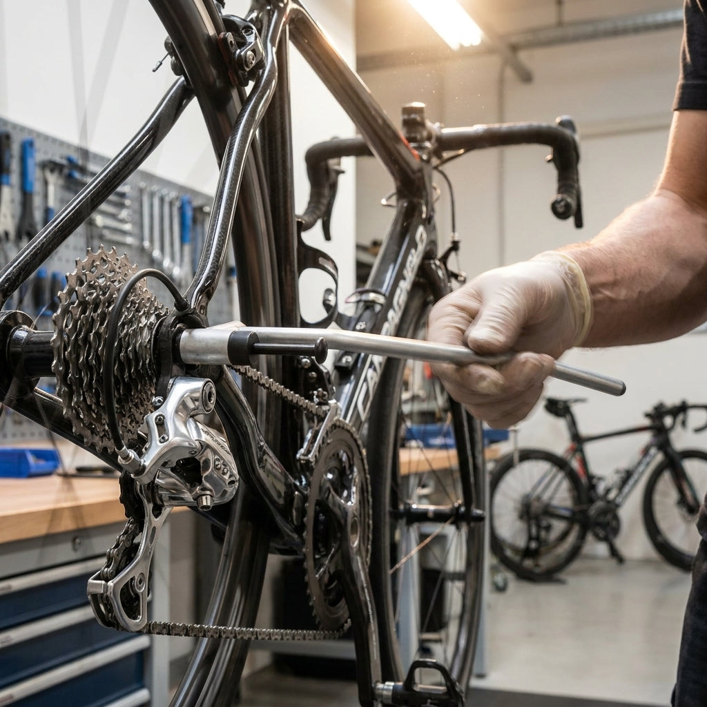 Campagnolo Richtwerkzeug UT-VS030 korrigiert Ausfallende/Schaltauge an Rennrad in Fahrradwerkstatt.