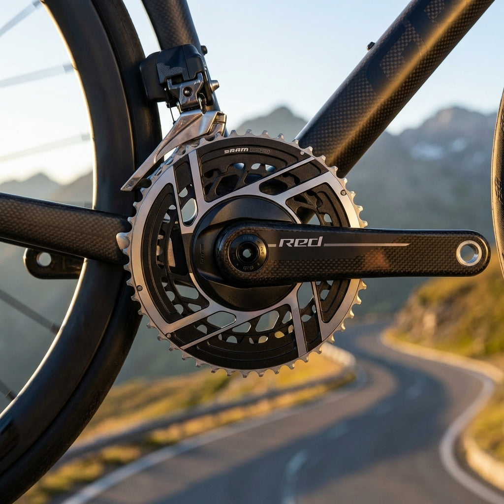 Ultraleichte SRAM RED E1 Carbon-Performance-Kurbelgarnitur 175mm 46-33T am Rennrad.