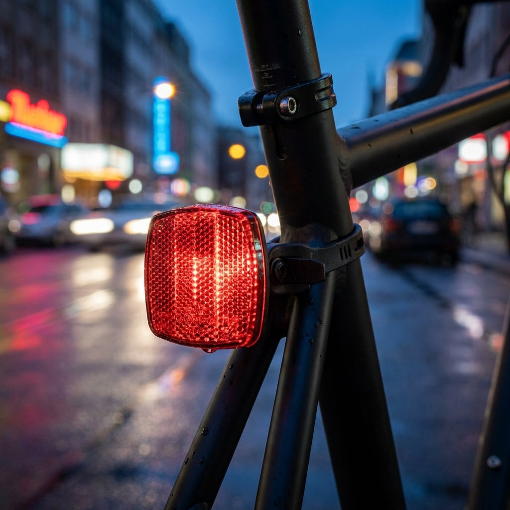 Busch&Müller Rückstrahler Fahrrad StVZO am schwarzen Rahmen montiert bei Nacht in der Stadt für Sichtbarkeit.