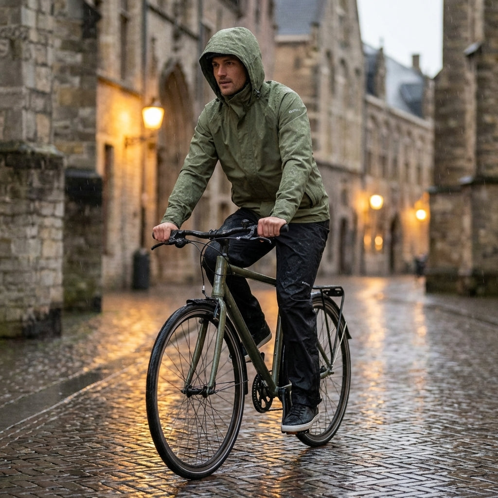 Fahrradfahrer im Basil Hoga Unisex Regenanzug olive green Gr. S radelt im Regen auf nassem Kopfsteinpflaster.