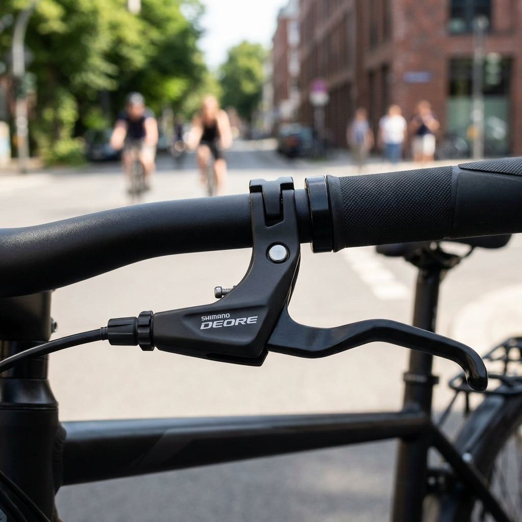 Schwarzer SHIMANO DEORE BL-T610 Bremshebel am Lenker eines Trekking- oder Citybikes.