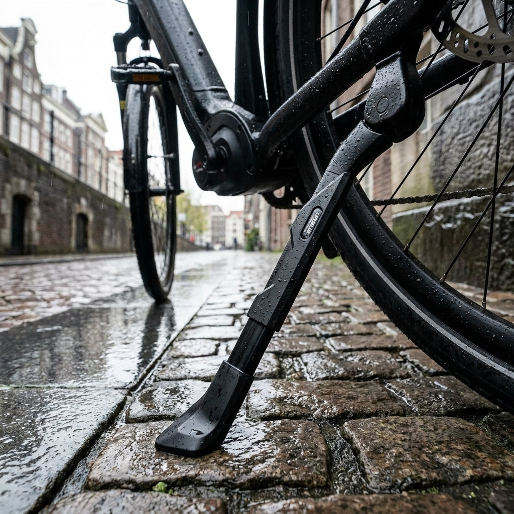 Ursus King 2 Seitenständer schwarz verstellbar am E-Bike auf nasser Kopfsteinpflasterstraße.