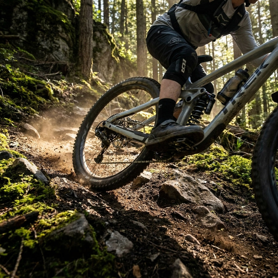 ROCKSHOX Deluxe Coil B1 Dämpfer am Mountainbike in Aktion auf einem Waldtrail.
