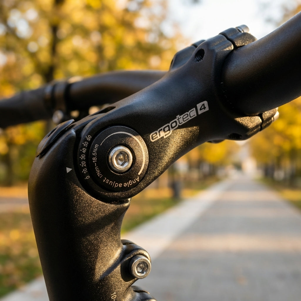 Schwarzer Ergotec Ahead Vorbau Octopus 50 verstellbar, 31,8 mm Klemmung, 90 mm Länge, Detailansicht am Fahrradlenker.