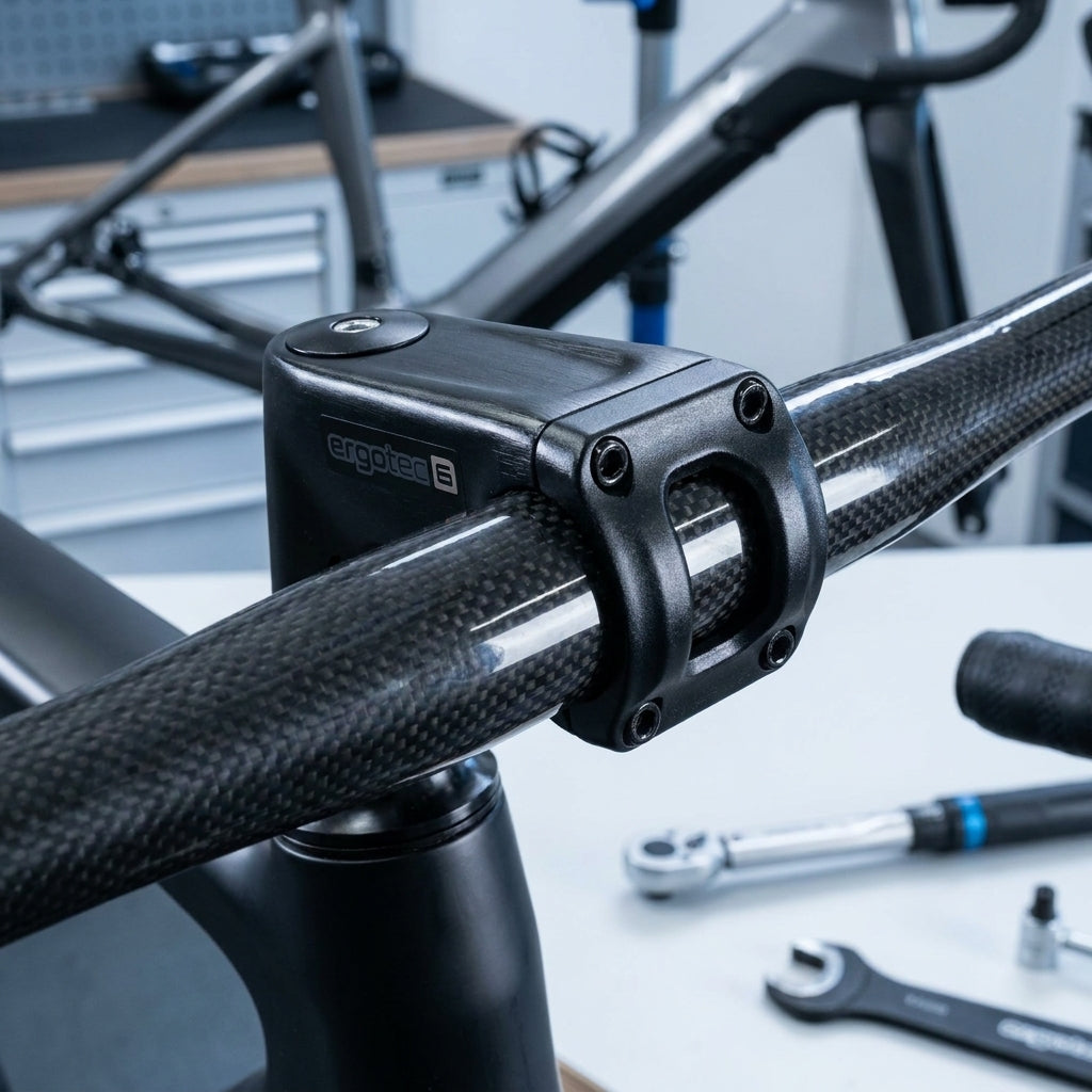 Ergotec Barracuda i 6 AHEAD Vorbau aus schwarzem Aluminium, montiert an Carbon-Lenker eines Fahrrads mit Werkzeug.