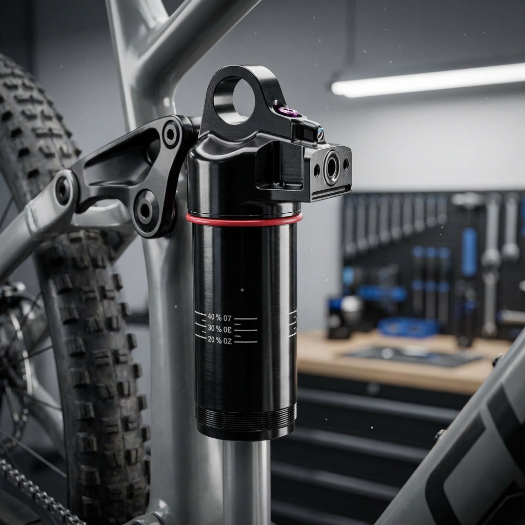 Schwarzer ROCKSHOX Vivid C1+ Dämpfer Body Assembly am Mountainbike-Rahmen, Sag-Markierungen, in Werkstatt.
