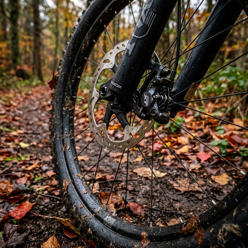 Voxom Scheibenbremsbeläge für Shimano XT am Mountainbike-Vorderrad auf schlammigem Herbstweg.