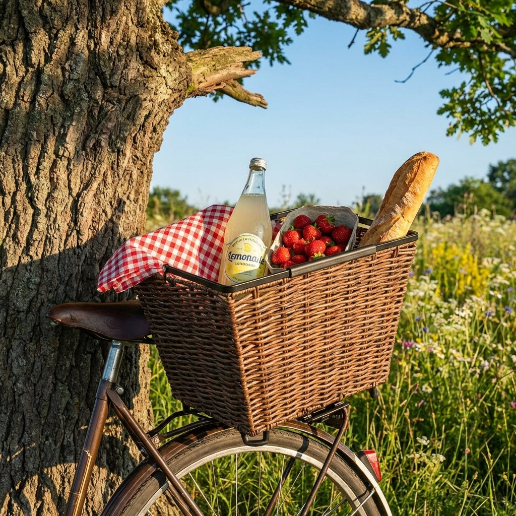 AtranVelo Picnic AVS Fahrradkorb braun im Rattan-Look. Geräumiger, abnehmbarer Gepäckträgerkorb für Picknick und Einkauf.