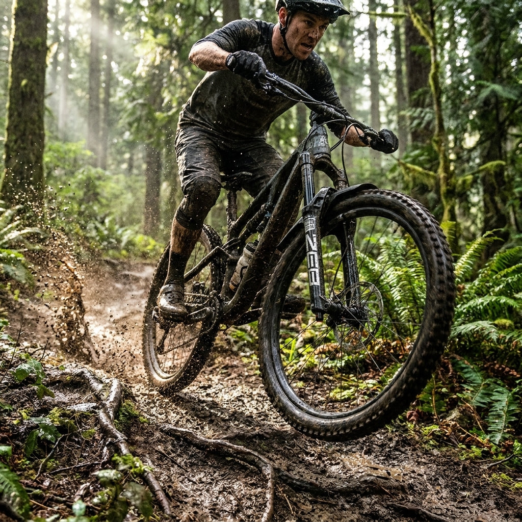 ROCKSHOX VR-Steckblech Fender schwarz kurz ZEB am MTB in Matsch-Action, schützt vor Spritzern auf dem Trail.