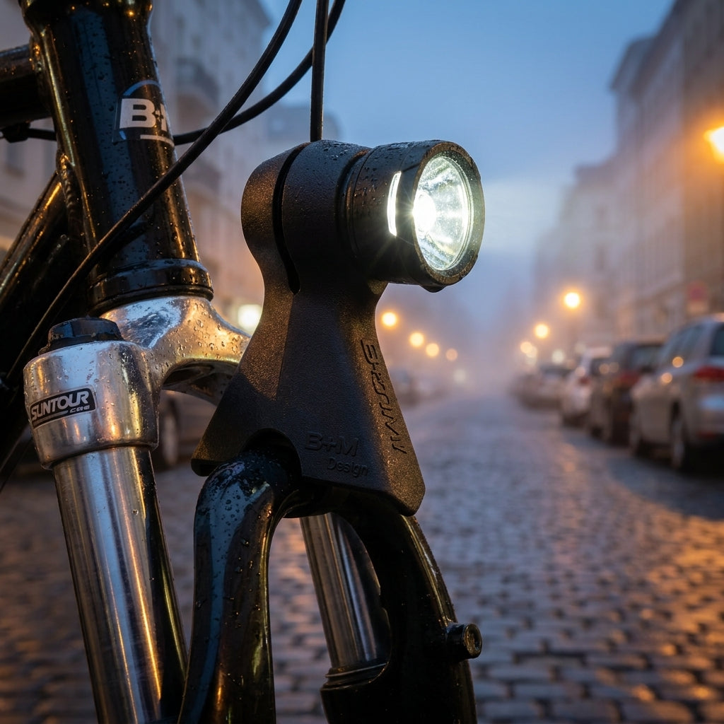Busch&Müller Bumm Lampenhalter schwarz an Suntour CR8N EX Fahrradgabel montiert, abendliche Straße.