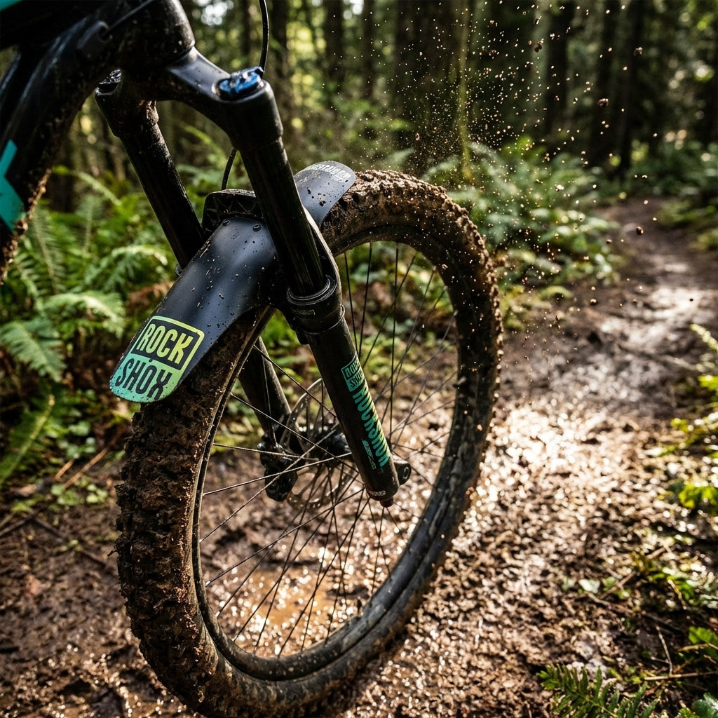 Rockshox Fender MTB universal vorne sw+teal/gelb FadePrint am Mountainbike auf schlammigem Waldweg mit Spritzern.