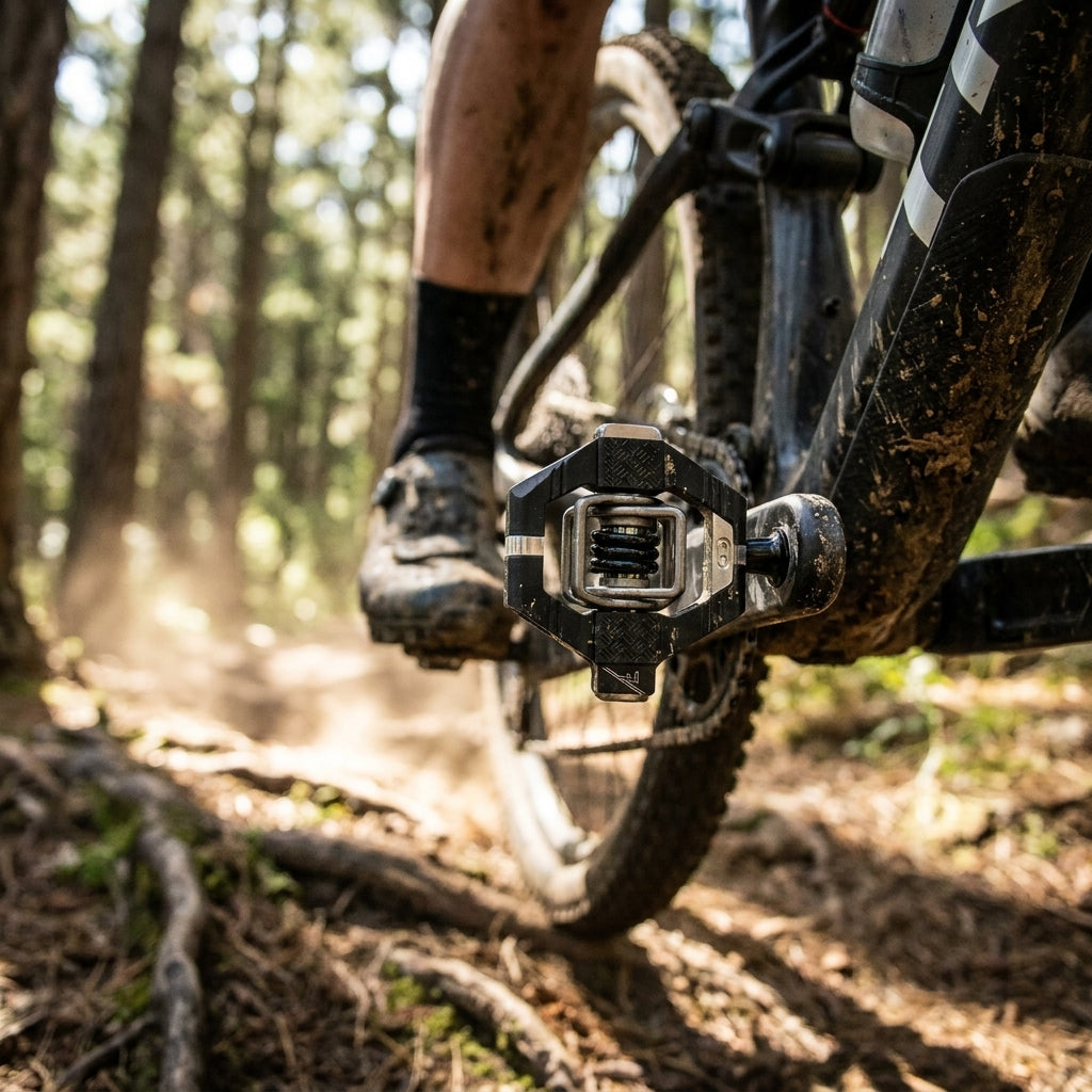 Crankbrothers Candy 7 Klick-Pedal schwarz am Mountainbike. Hochleistungs-MTB-Pedal für Wettkampf und Trail. Optimale Traktion.