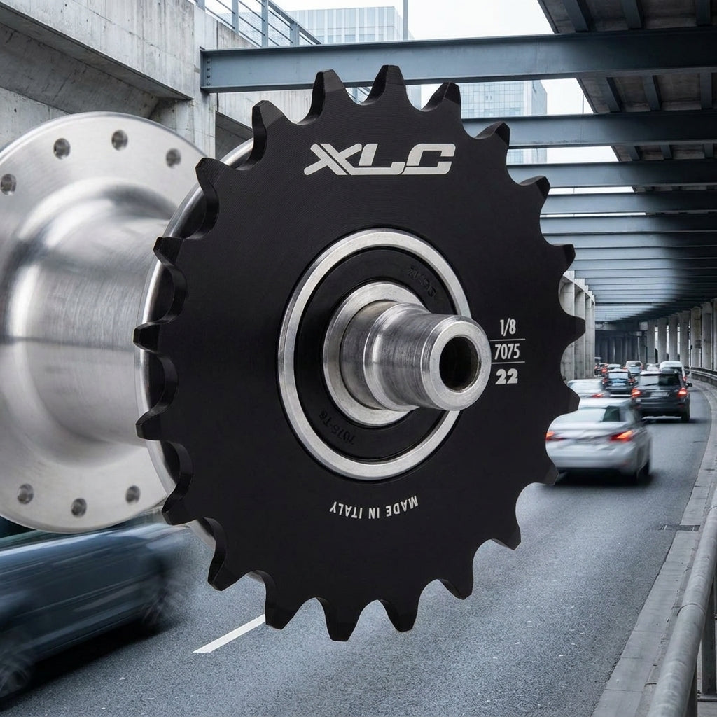 XLC Single Speed Ritzel 1/8", 22 Zähne schwarz, 7075 Aluminium, Made in Italy, vor Stadtkulisse.