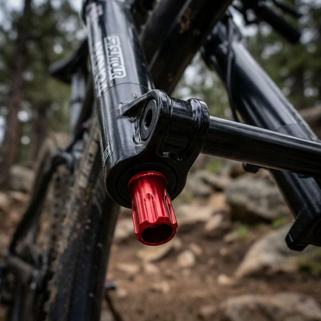 Roter SR Suntour Zugstufen-Einstellknopf an SF20 AXON34 Mountainbike Federgabel.