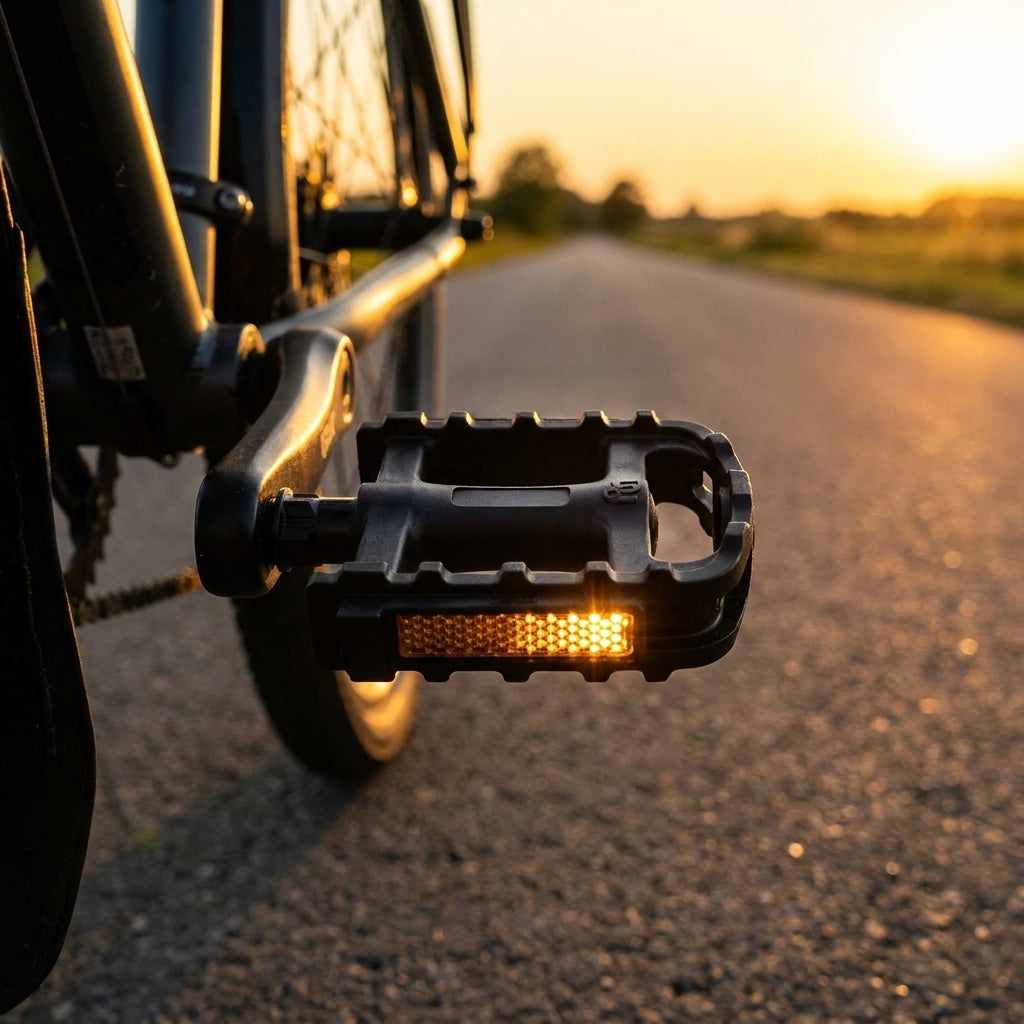 Voxom Pedal Touring Pe19 schwarz Kunststoff-Körper mit Reflektor am Fahrrad bei Sonnenuntergang auf der Straße.