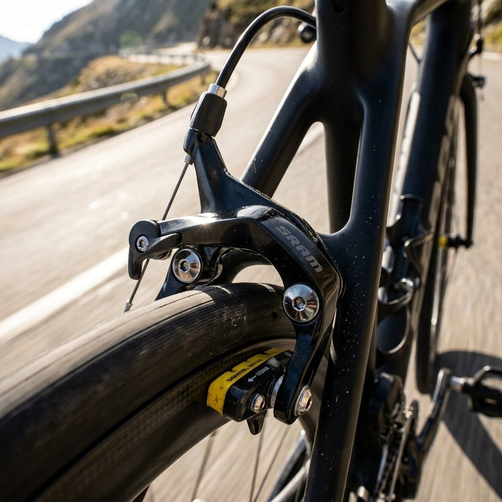 SRAM S900 Direct Mount Felgenbremse hinten am Rennrad mit SwissStop Pro Belägen auf Bergstraße.