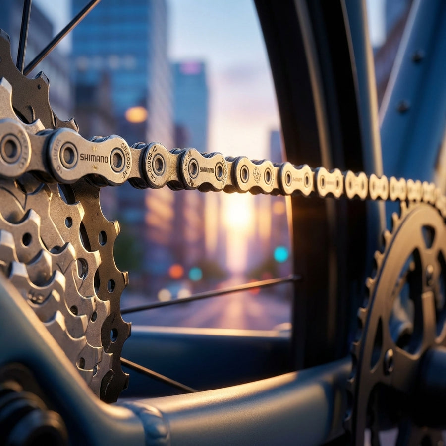 SHIMANO Kette CN-E6090 10-fach für E-Bikes, Nahaufnahme mit Stadtkulisse bei Sonnenuntergang.
