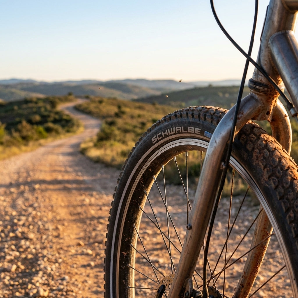 Schwalbe Marathon Mondial Pro Evolution Faltreifen am Fahrrad auf Schotterweg für ultimative Reisen.