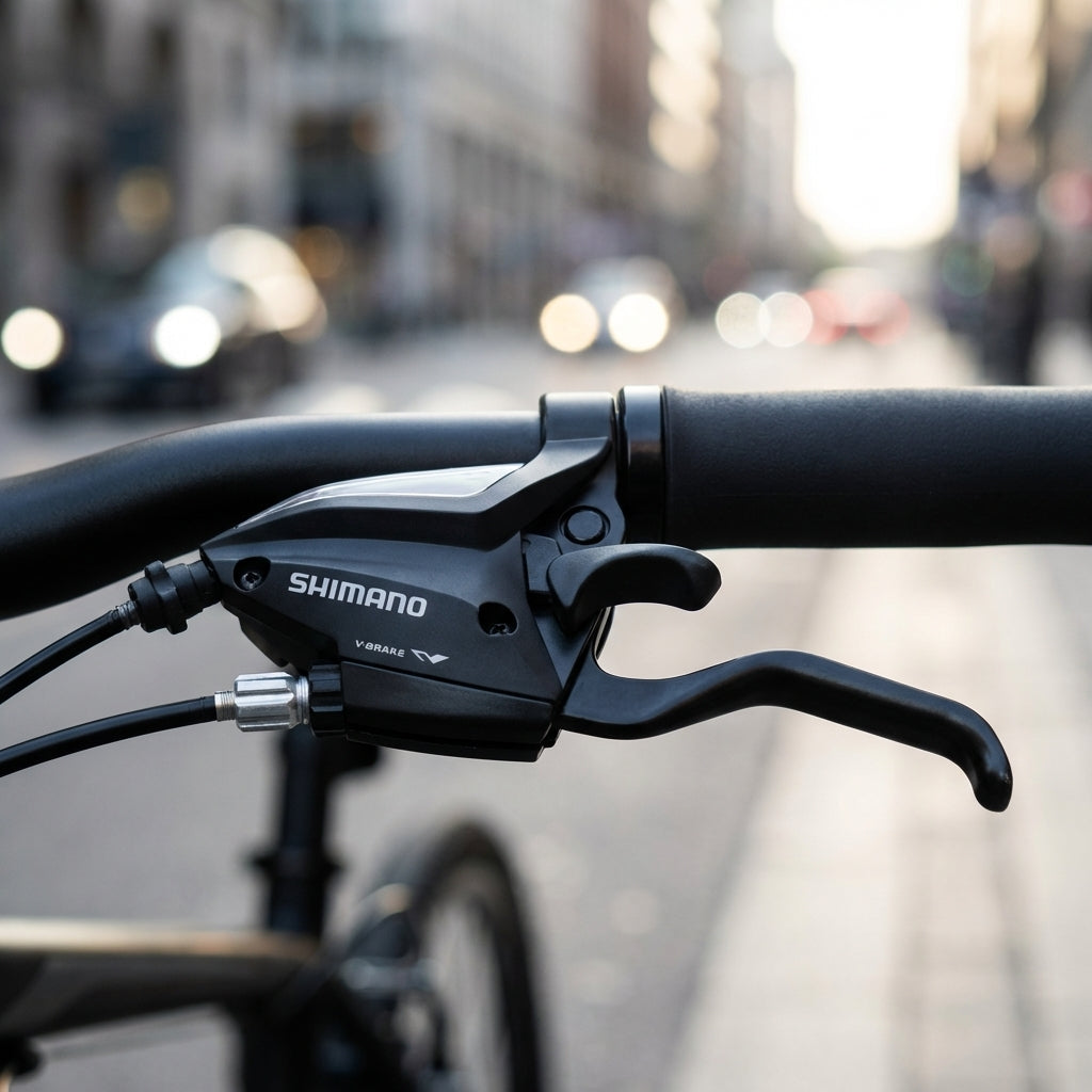 Shimano ST-EF500 Schalt-Bremshebel 3-fach links Schwarz für mechanische V-Brakes am Fahrradlenker montiert.