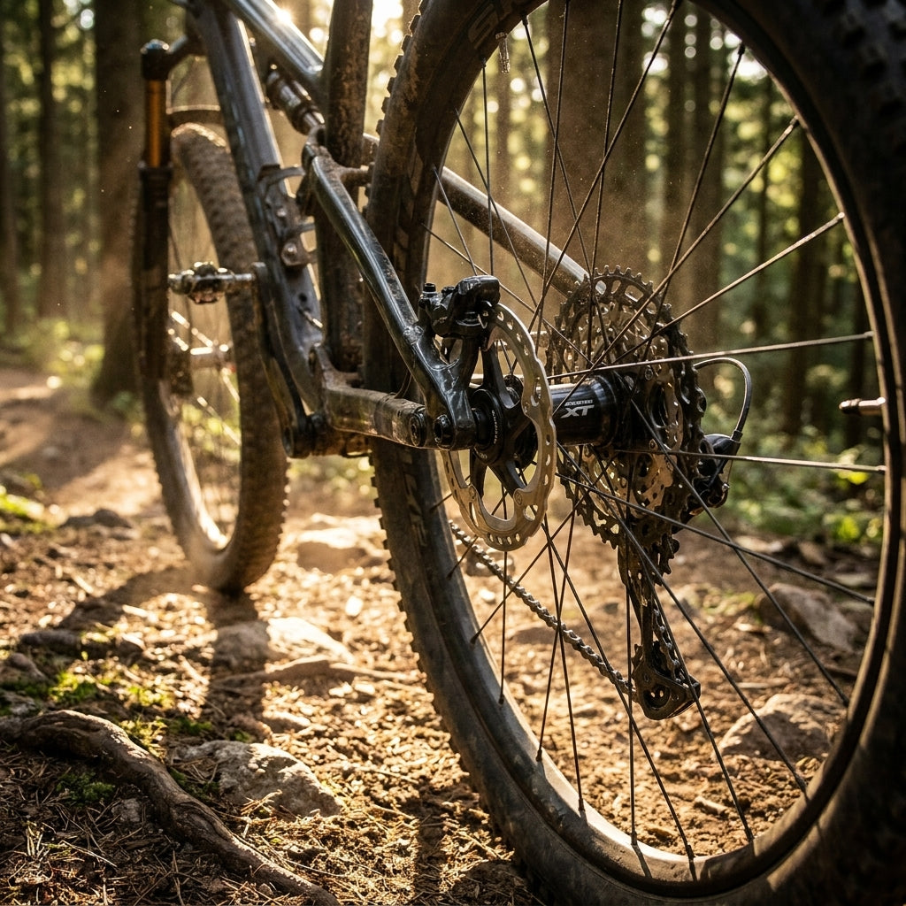 SHIMANO DEORE XT FH-M8110-B Hinterradnabe am Mountainbike auf Waldweg, 12-fach, Center-Lock.