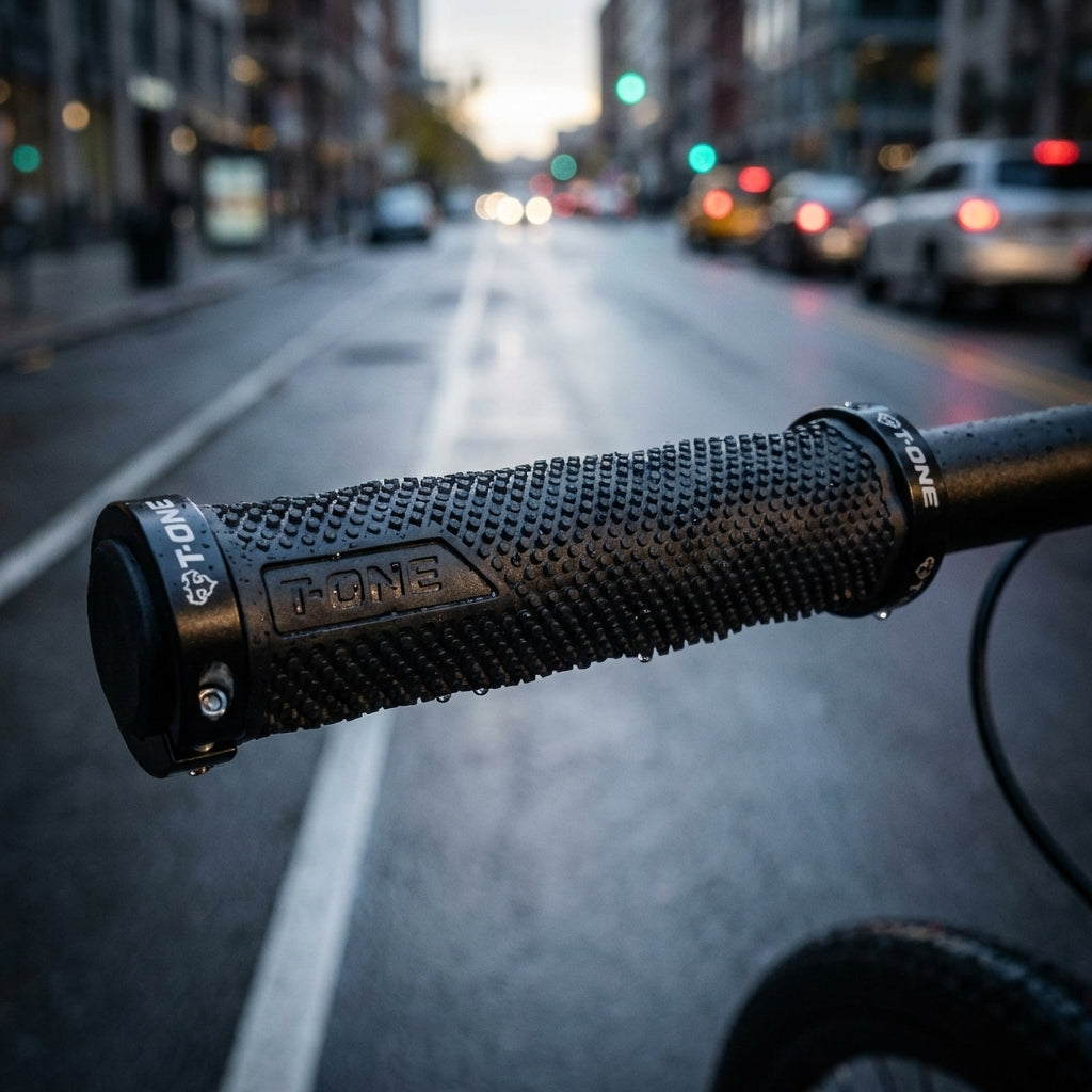 T-One DOT Fahrradgriffe schwarz mit 2 Schraubensicherungen, auf nassem Lenker in der Stadt.