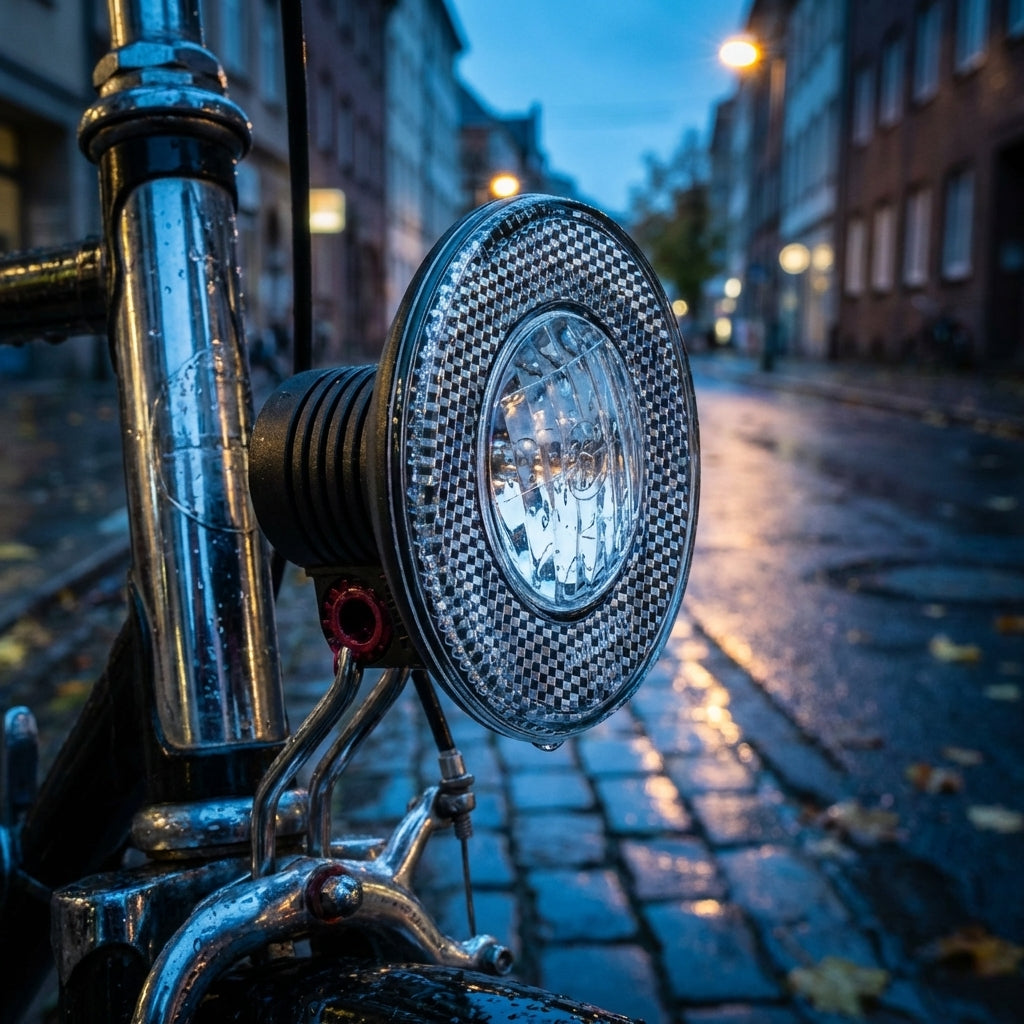 Busch&Müller LUMOTEC Halogenscheinwerfer StVZO am Fahrrad auf nasser Straße im Abendlicht.