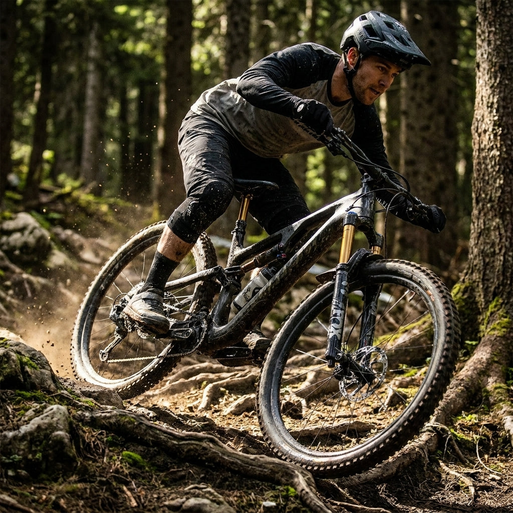 Mountainbiker mit FOX Transfer SL Factory Dropper-Sattelstütze (Kashima) auf wurzeligem Trail. Leichte Performance.
