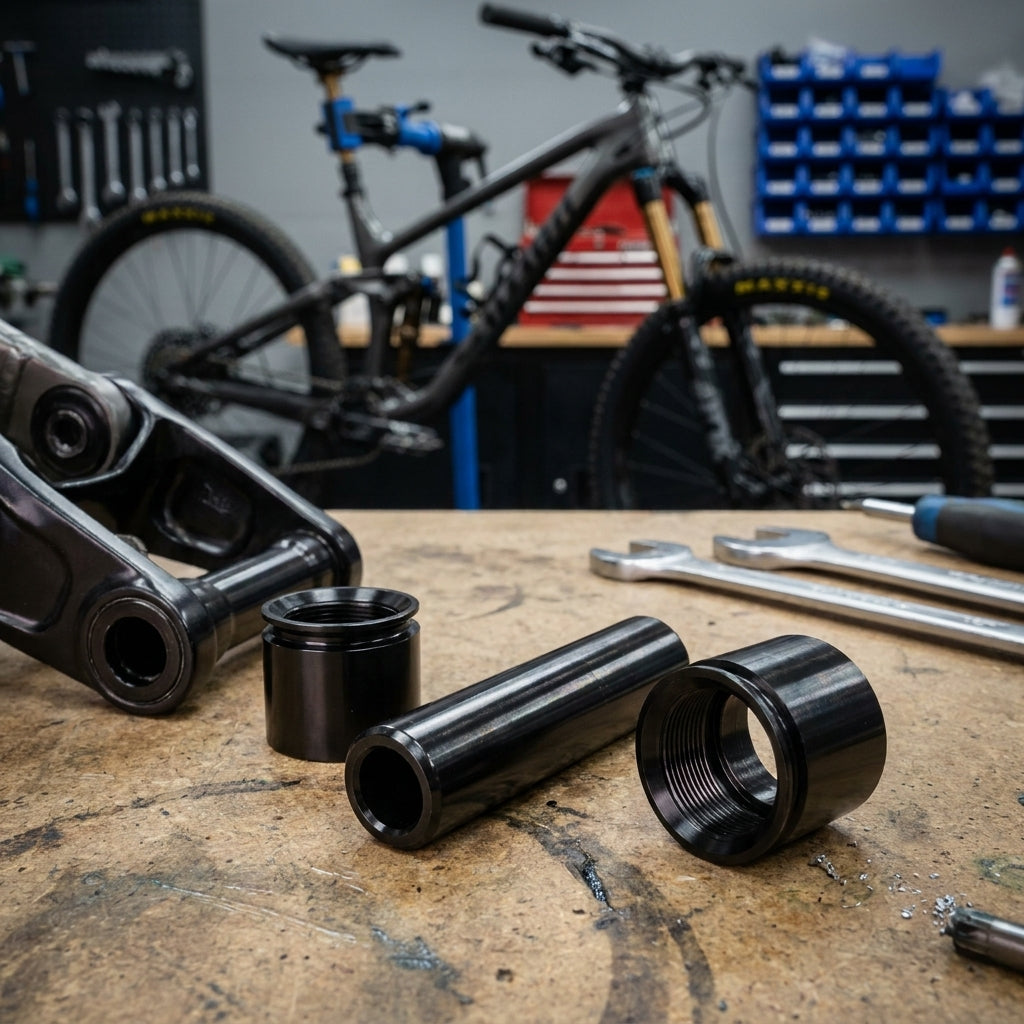RockShox Dämpfer-Montage-Hardware 3-teilig 8x46.0 Standard auf Werkbank vor Mountainbike in Fahrradwerkstatt.