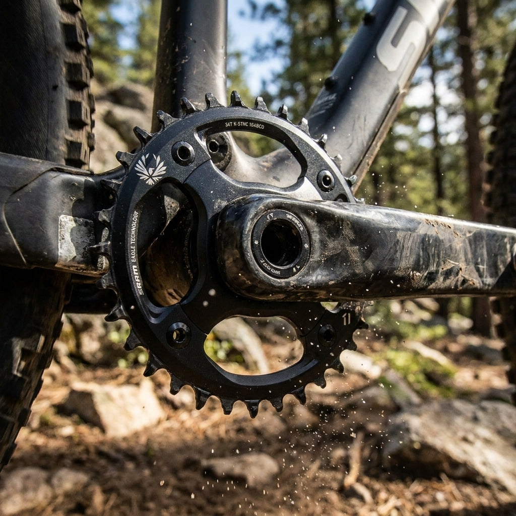 SRAM X-Sync Eagle 32T Kettenblatt schwarz aus Aluminium am Mountainbike-Antrieb mit Kurbel, Staub spritzt auf.