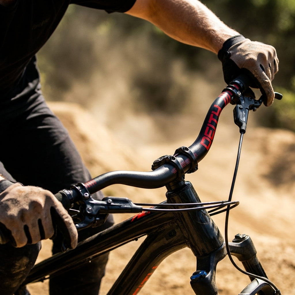 DEITY Highside 35mm Lenker (schwarz-rot, 800mm, 80mm Rise) am DJ/Slopestyle Fahrrad in Aktion, robust.