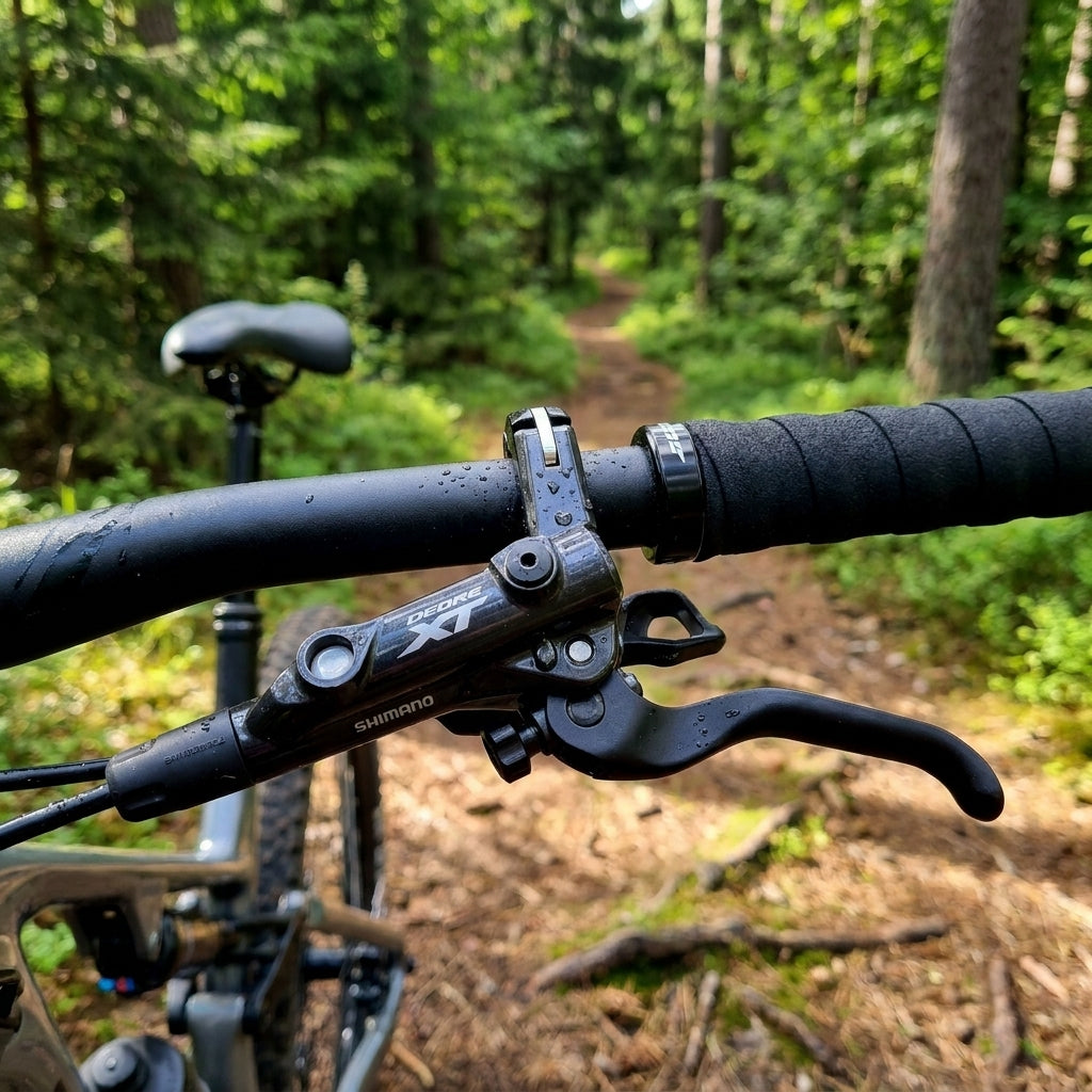 Hydraulischer SHIMANO DEORE XT BL-T8100 Bremshebel links am Fahrradlenker auf einem Waldweg.