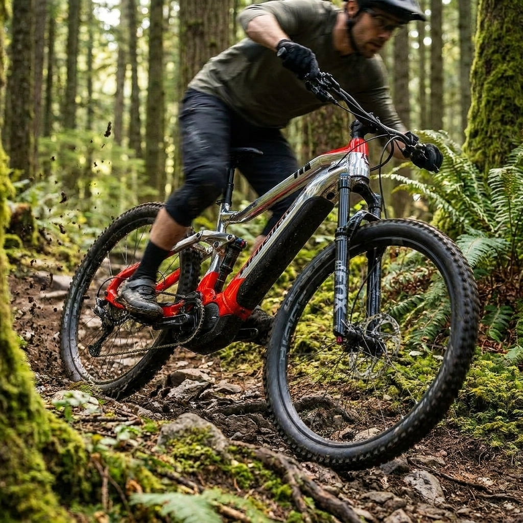 Haibike ALLMTN 4 E-Mountainbike in Silber/Rot/Schwarz auf anspruchsvollem Trail. Leistungsstarkes E-MTB für Offroad-Abenteuer.