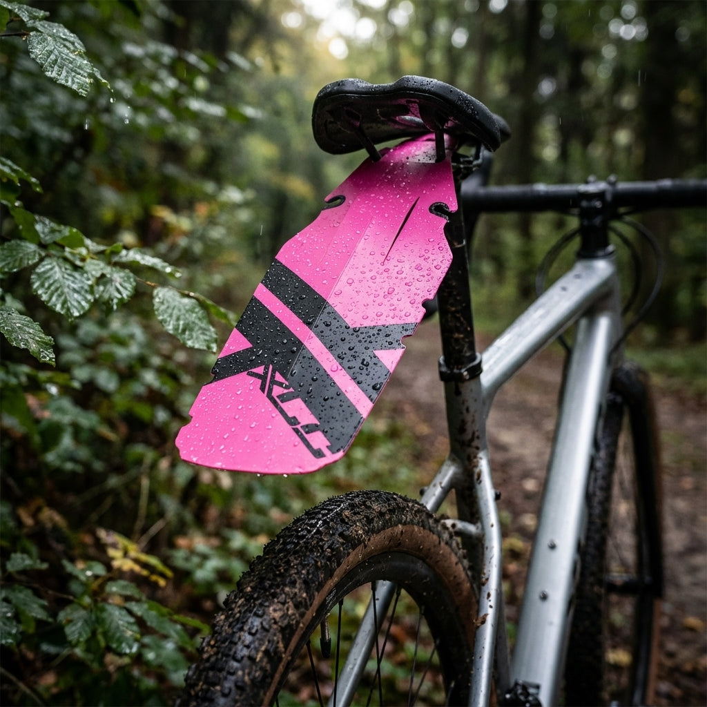 XLC Mini Mudguard MG-C32 HR pink XL als Spritzschutz am Mountainbike-Sattel, nass im Wald.