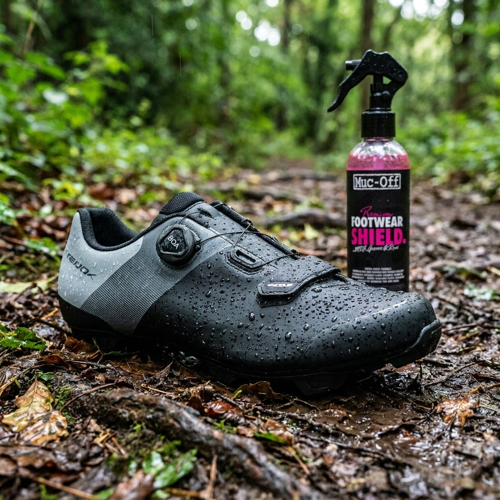 Muc Off Premium Footwear Shield 250ml schützt Fahrradschuhe vor Wasser und Schmutz im Wald.