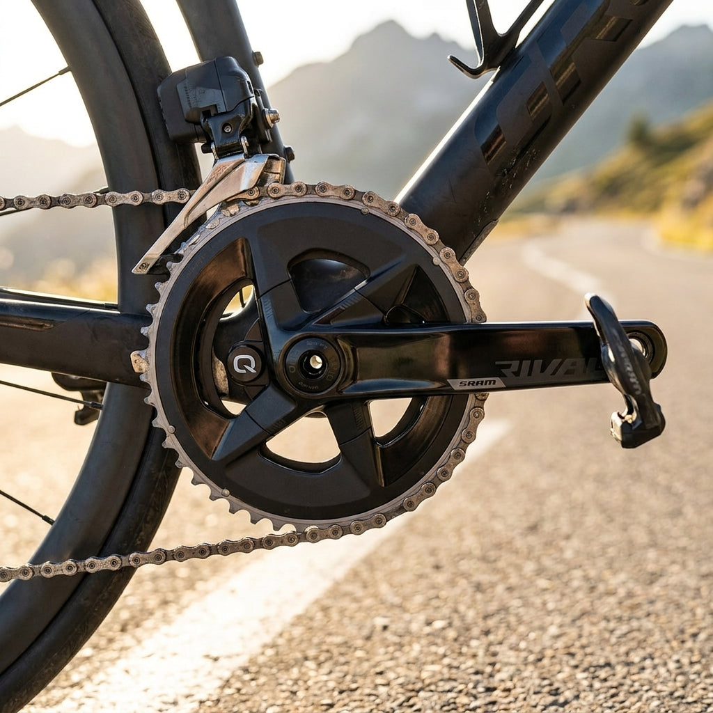 SRAM Rival AXS Quarq Powermeter Kurbel (33/46 Z, 172,5 mm) am Rennrad für präzise Leistungsmessung.