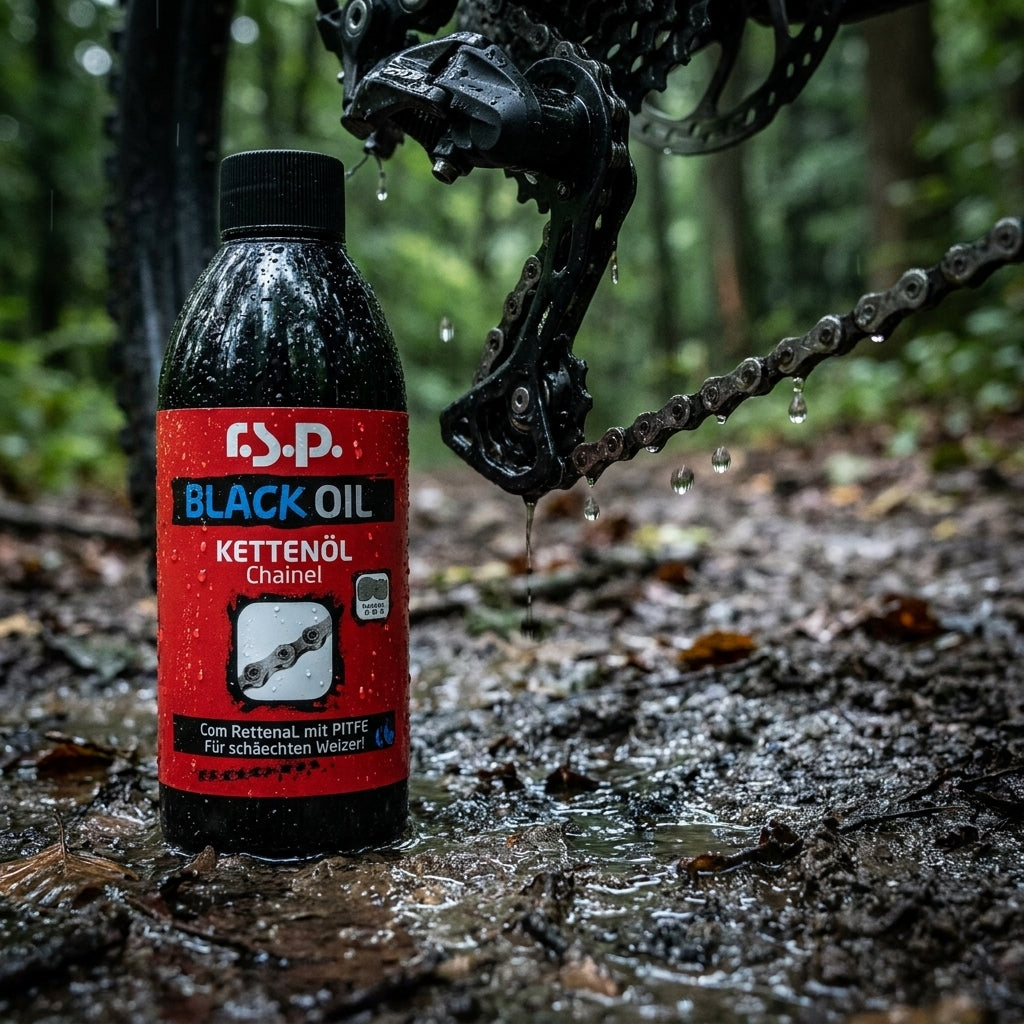 r.s.p. Black Oil Kettenöl 250ml: Haftfähiges PTFE-Öl für Fahrradketten. Schützt zuverlässig vor Nässe und Korrosion.