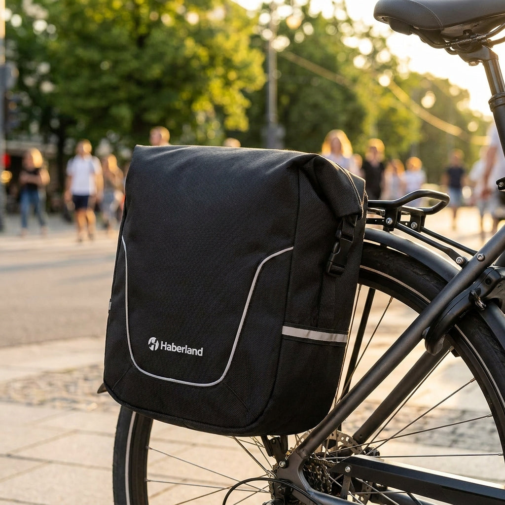 Haberland Einzeltasche (130006) schwarz am Fahrrad-Gepäckträger. Praktische, robuste Fahrradtasche für Alltag und Freizeit.