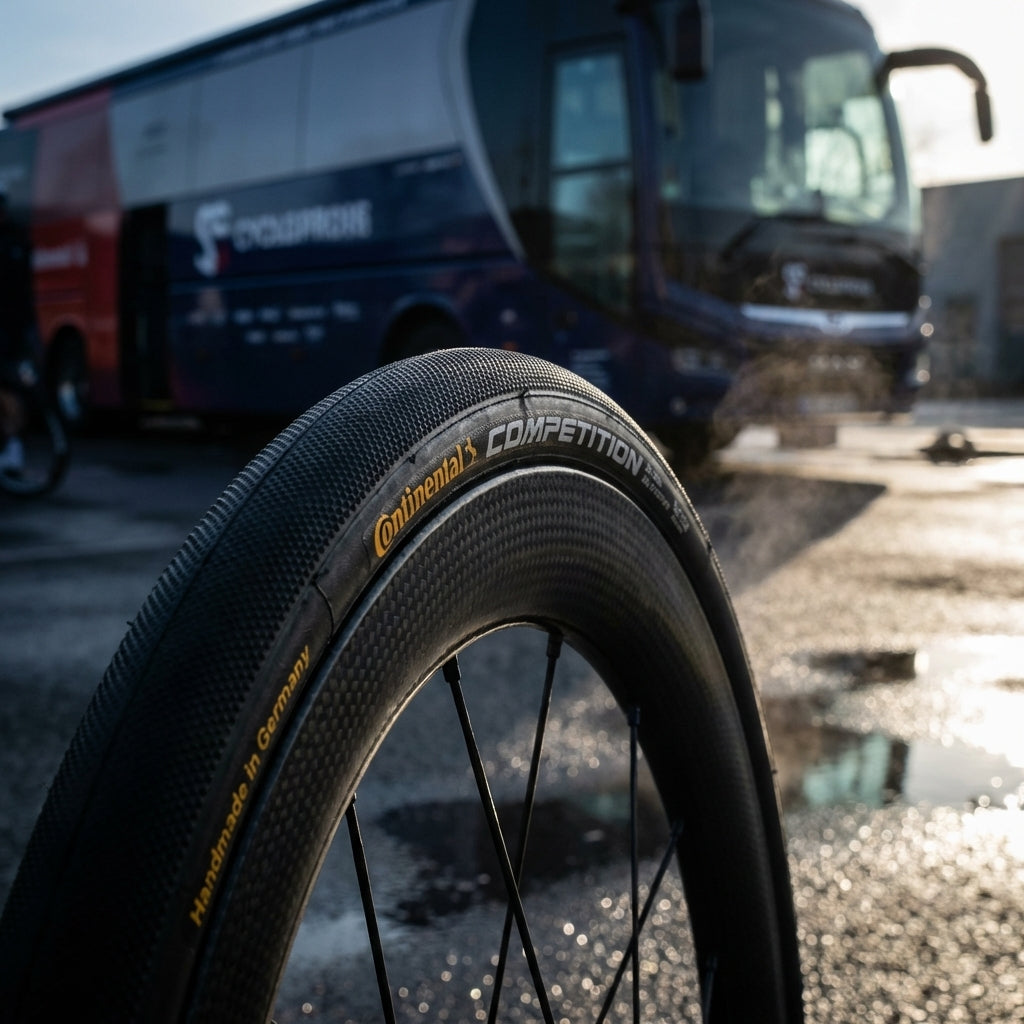 Continental Competition Schlauchreifen 22-622 schwarz auf Carbonlaufrad mit "Handmade in Germany" Schriftzug.