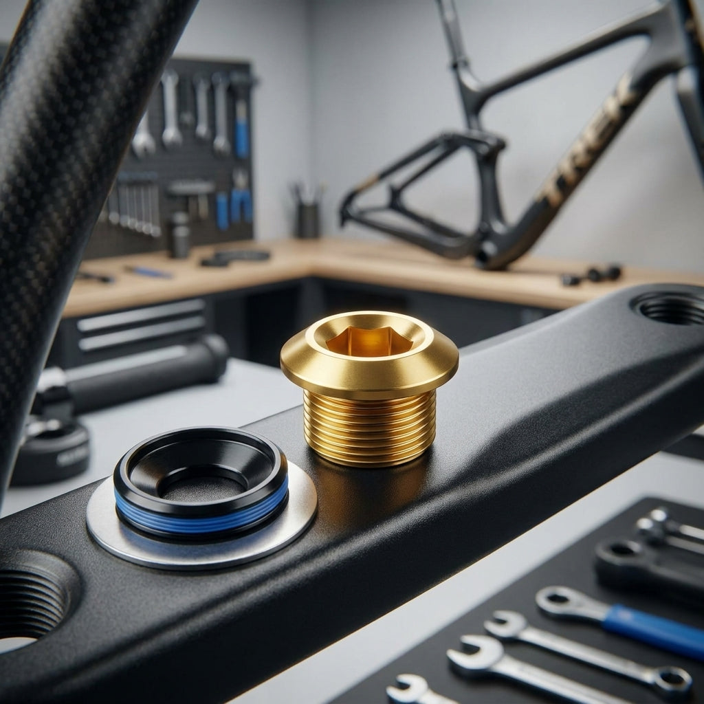 SRAM Kurbelschrauben Kit DUB M18 30 GOLD mit Abzieher auf Kurbelarm für präzisen Halt.