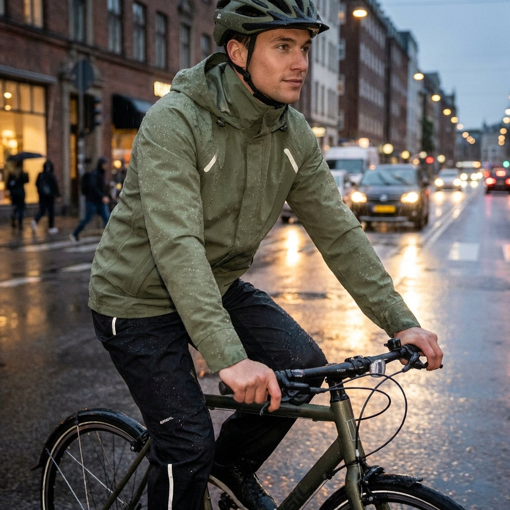 Basil Fahrrad Regenanzug Hoga olivgrün Unisex. Mann fährt im Regen Fahrrad.
