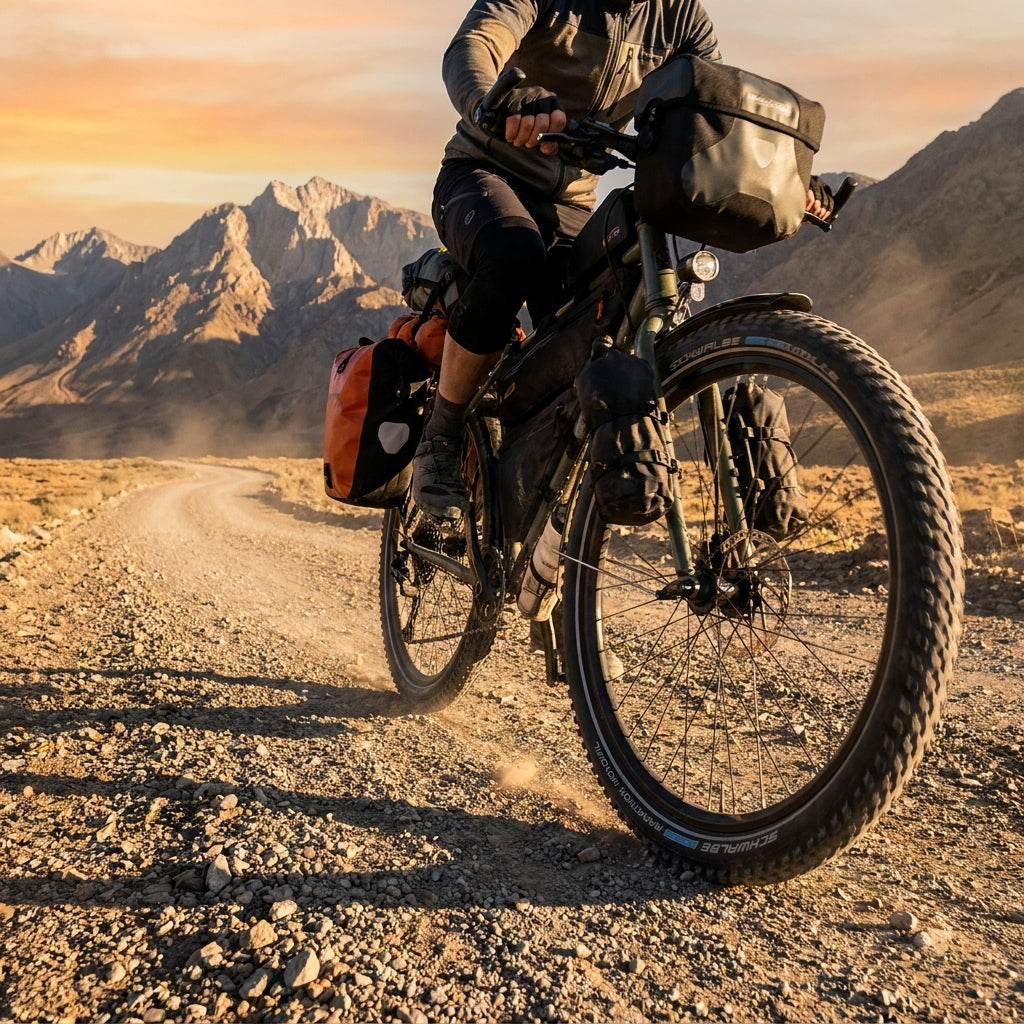 Schwalbe Marathon Mondial Reifen auf Tourenrad. Ideal für Abenteuer, Weltreisen, E-Bikes. Hoher Pannenschutz, robust.