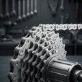 XLC 11-fach Fahrradkette CC-C04 silber auf Kassette im Werkstatt-Hintergrund.