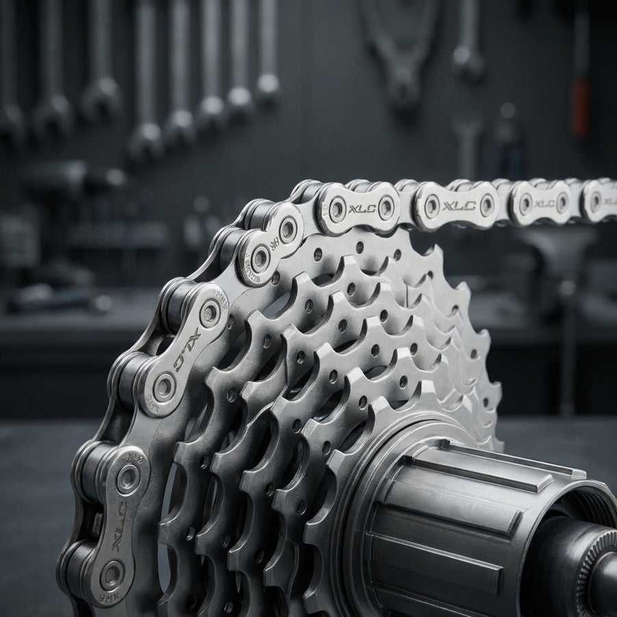 XLC 11-fach Fahrradkette CC-C04 silber auf Kassette im Werkstatt-Hintergrund.
