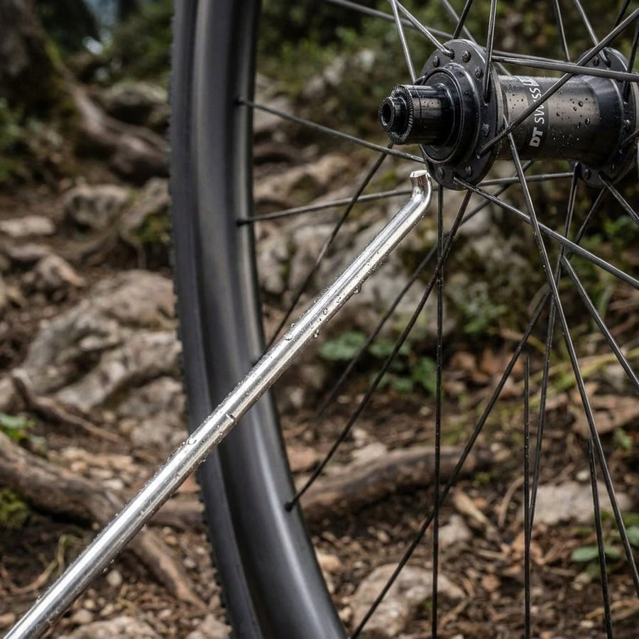 DT Swiss Champion 2.0 silberne robuste Allround-Fahrradspeiche mit Wassertropfen am Laufrad.