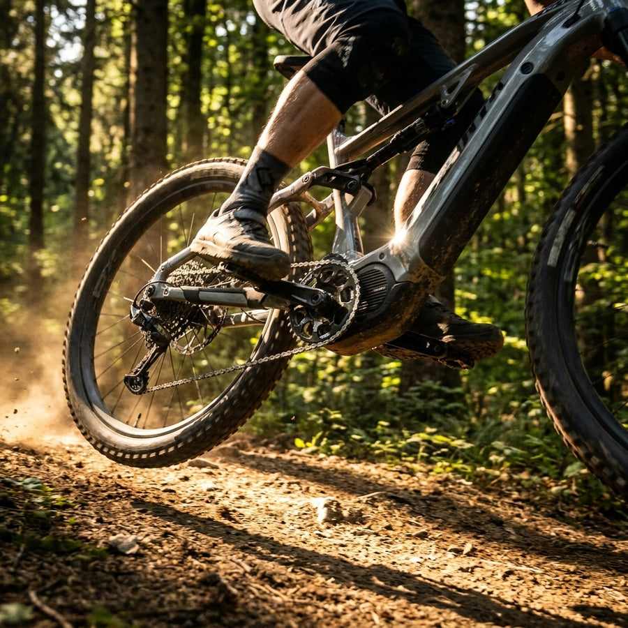 Miche Kettenblatt E-Bike XM G4, 38 Zähne am E-MTB in Aktion auf Waldweg. Präzise Kraftübertragung.