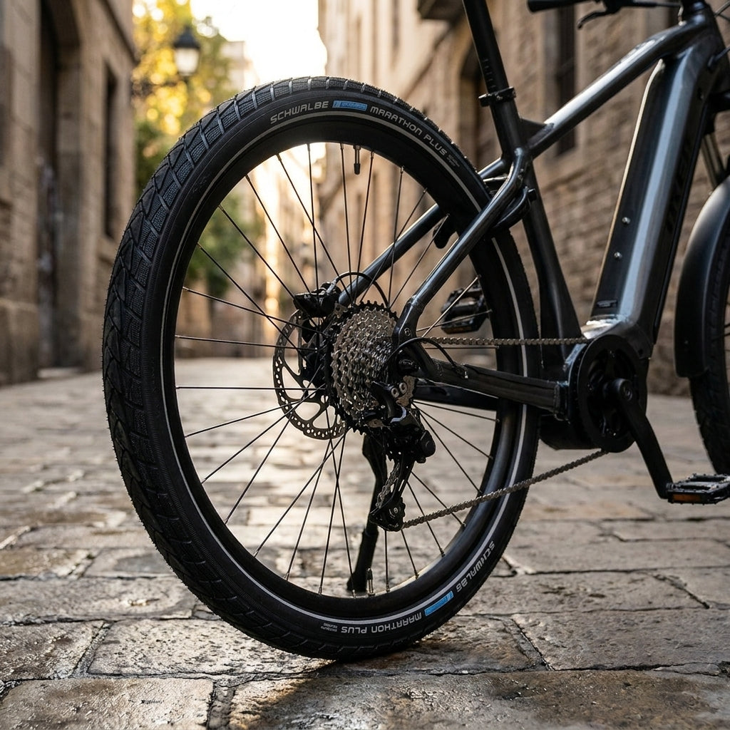 Schwalbe MARATHON PLUS E-25 Reifen am E-Bike Hinterrad auf Kopfsteinpflaster einer historischen Gasse.