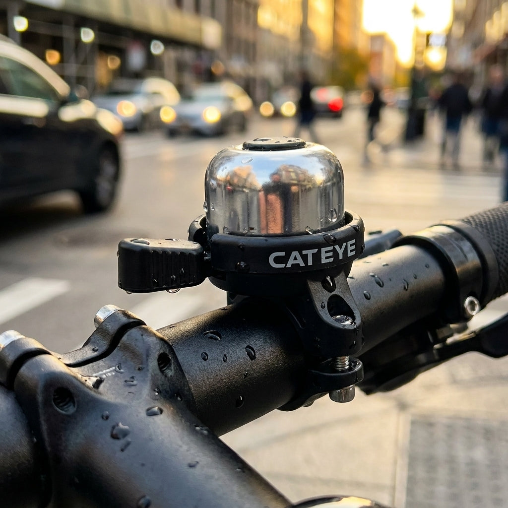 Cat Eye PB-1000 Wind Bell Fahrradklingel silber schwarz am Lenker mit Regentropfen im Stadtbild.