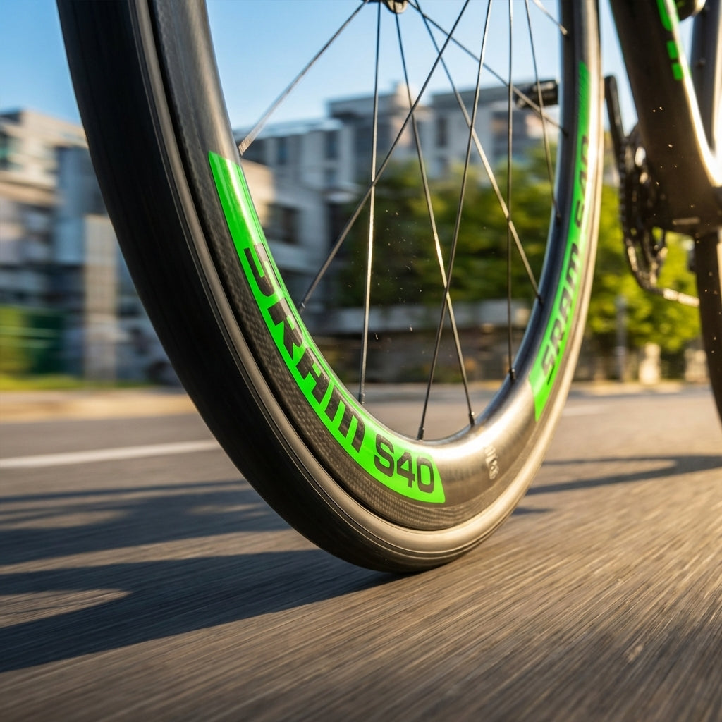 SRAM S40 grüner Aufklebersatz auf dynamischem Fahrradlaufrad, stylisches Upgrade für deine Laufräder.