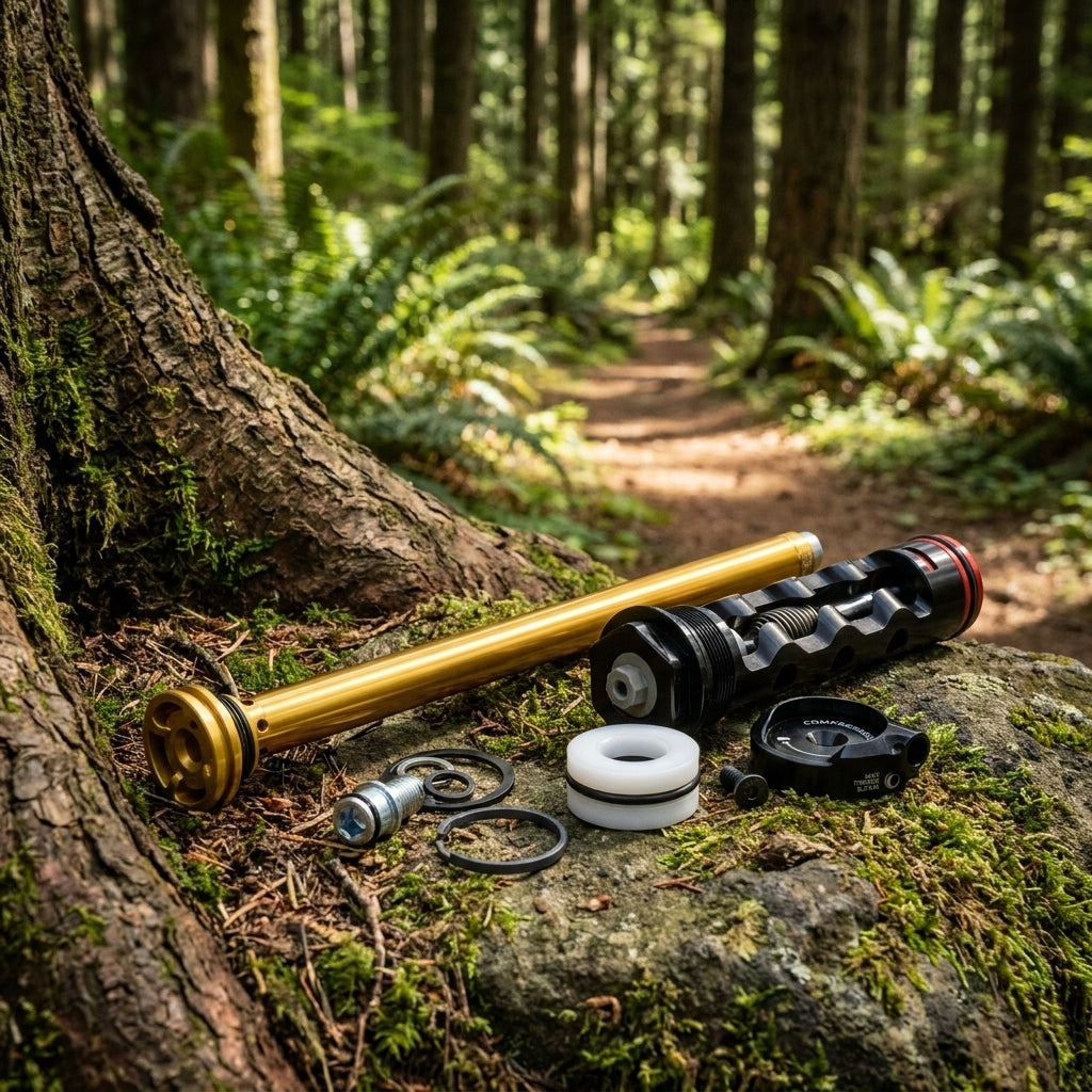 RockShox Gold Gabeldämpfer Ersatzteile für Fahrradgabel auf moosigem Stein im Wald.