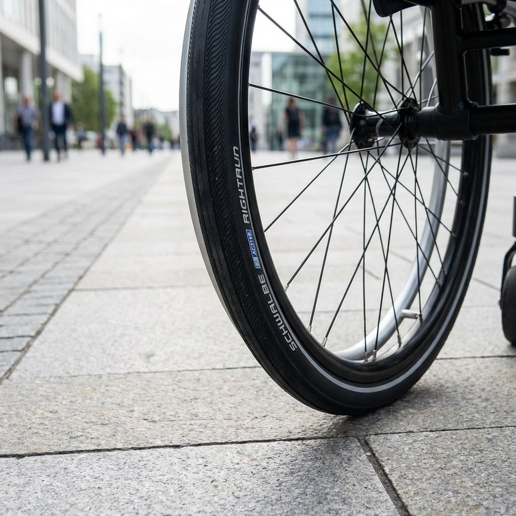 Schwalbe Rightrun Rollstuhlreifen 24x1.00 HS387 schwarz auf städtischem Pflaster mit verschwommenen Personen.
